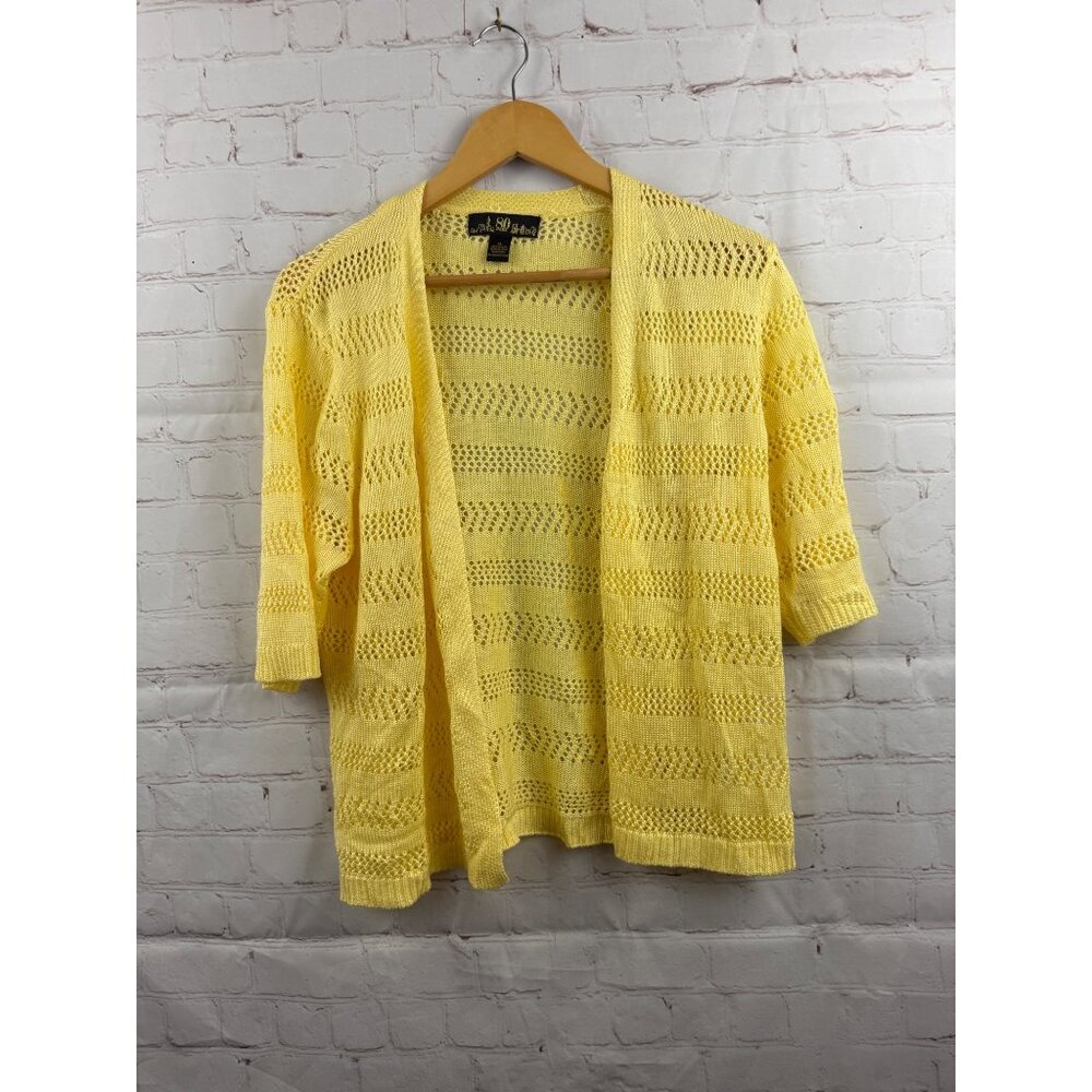 80 Park Crocheted Cardigan Womens Size XL Yellow Open Front Casual Loose Knit